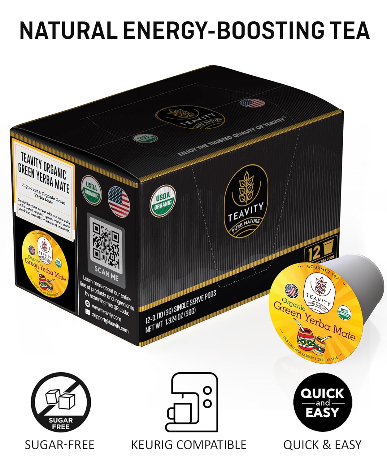 Organic Yerba Mate Tea Pods for Keurig - Green, Unsmoked Yerba Mate by Teavity (36 Tea Pods)