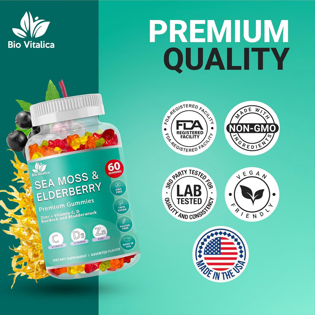 BIO VITALICA Sea Moss Gummies Elderberry BioVitalica - Vitamin C D + Zinc - Irish Seamoss Vegan Gummy with Sea Moss Gel & Powder for Immunity, Detox - for Adults and Kids (2Packs)