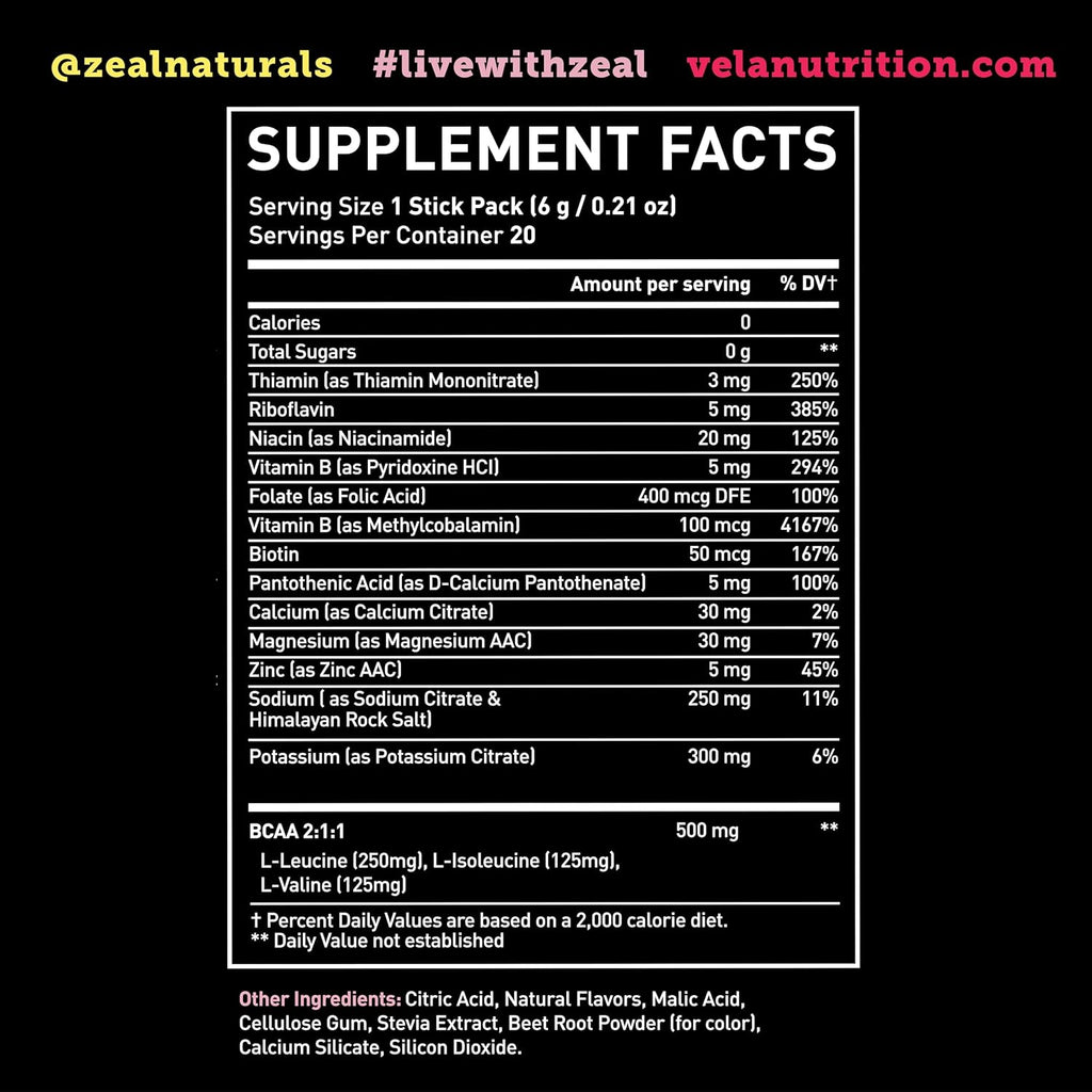 Zeal Naturals Enhanced Electrolyte Powder Stick Packs (Pink Lemonade - 20 Packets) Sugar Free + BCAA B-Vitamins & Pink Himalayan Salt - Keto Electrolytes, Hydration Powder