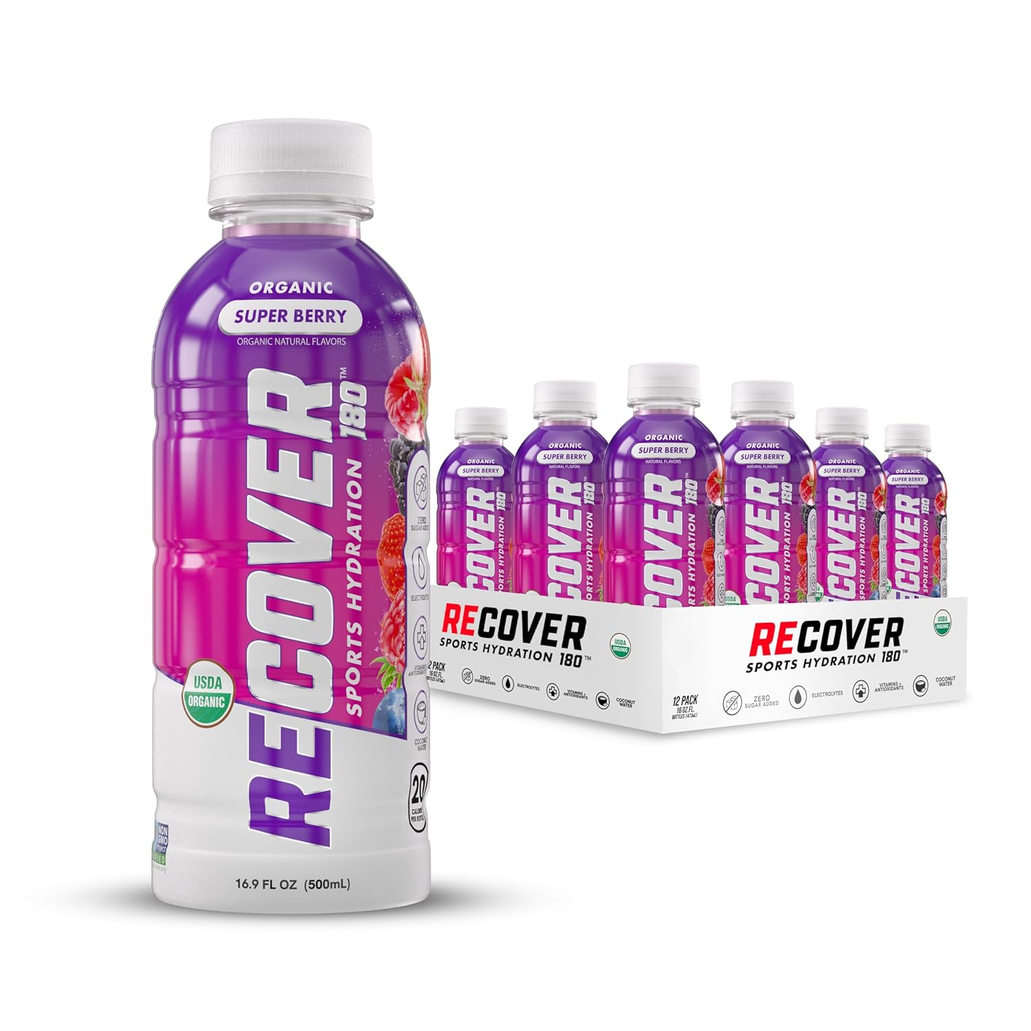 RECOVER 180 Organic Sports Hydration Drink, No Sugar Added, 20 Calorie Sports Beverage, Organic Flavors With Vitamins, Potassium-Packed Electrolytes (16.9 Fl Oz (Pack of 12), Super Berry)