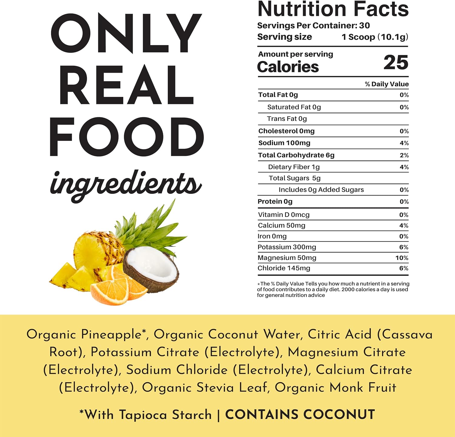 JUST INGREDIENTS Tropical Paradise Electrolytes Drink Mix - Coconut Water, Sea Salt, Trace Minerals - 30 Servings