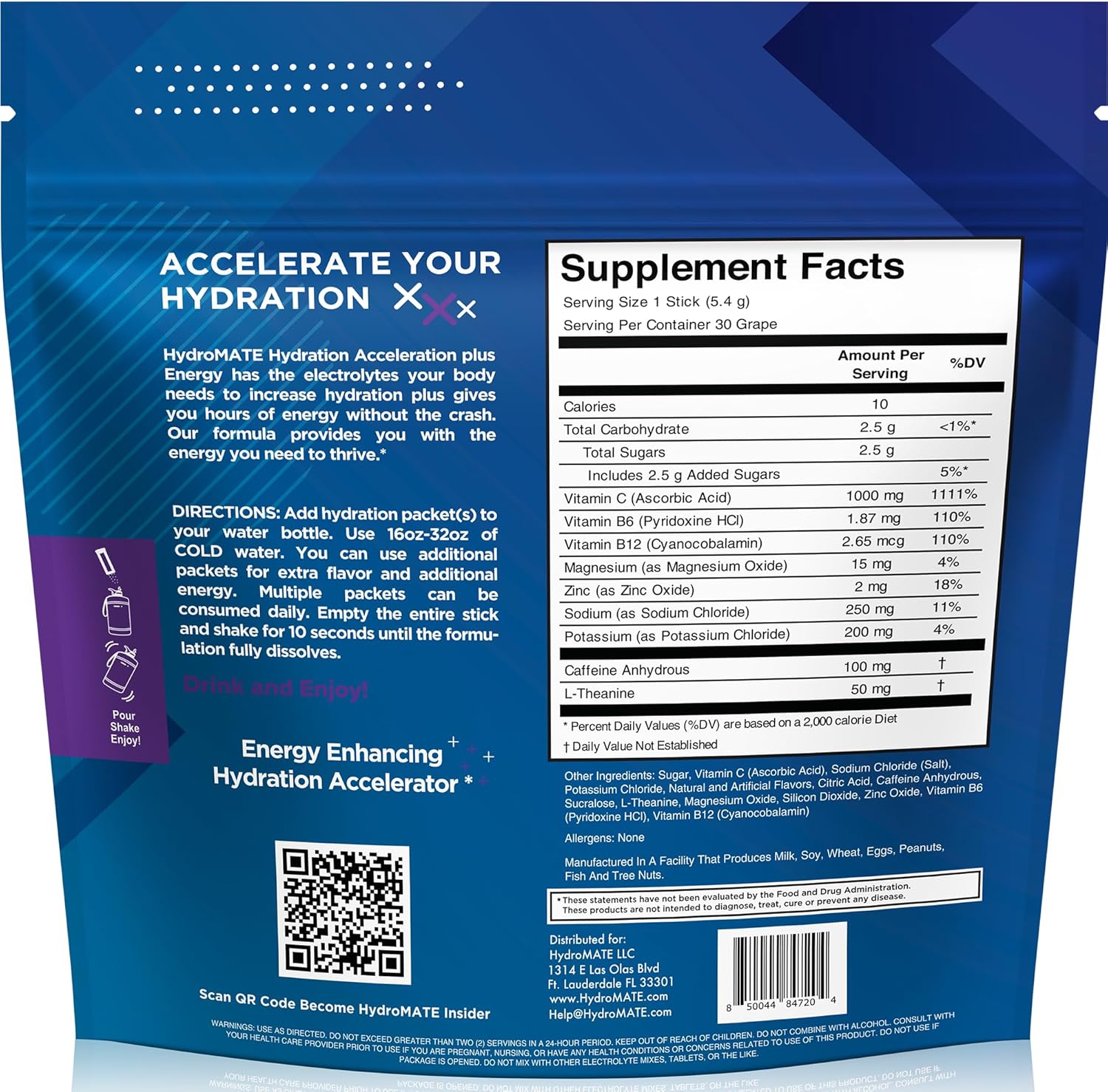 HydroMATE Electrolytes Powder Drink Mix Packets Hydration Accelerator Low Sugar Rapid Party Relief Recovery Vitamin C Plus Caffeine Grape Pack 30 Count