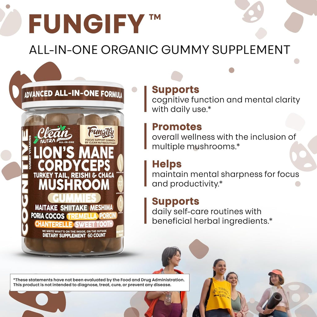 Clean Nutra Lions Mane Lion's Mane Mushroom Gummies Cordyceps Supplement for Memory and Focus Immune Support Vitamins Reishi Chaga Turkey Tail Mushrooms Gummy Shiitake Maitake Meshima Supplements