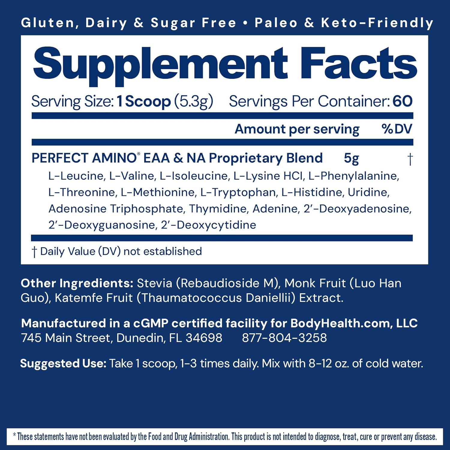 BodyHealth PerfectAmino Powder - BCAA and EAA Powder for Pre and Post Workout - Amino Acid Energy Drink for Men and Women to Support Lean Muscle and Recovery - Unflavored - 60 Servings