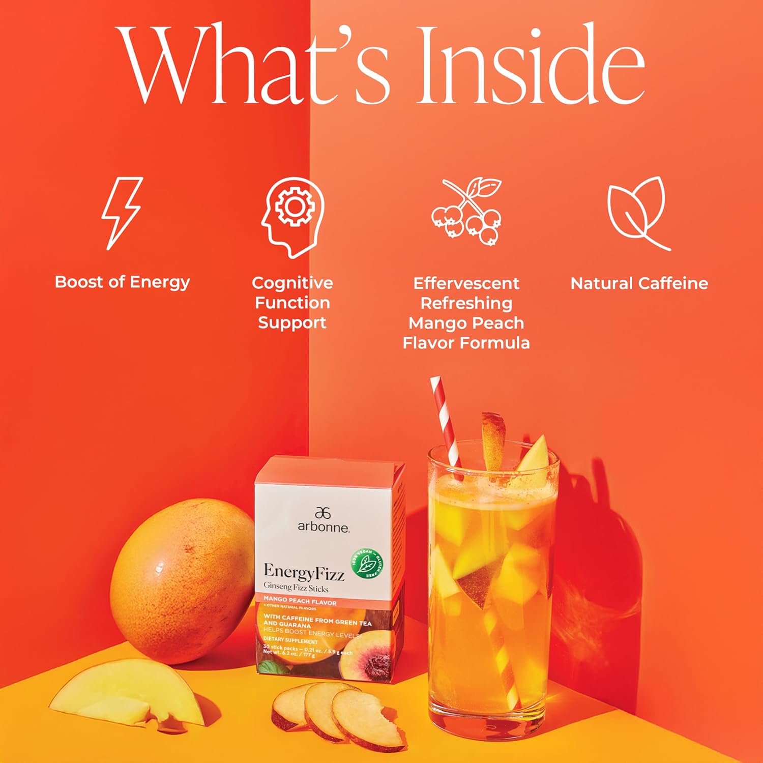 Arbonne Ginseng Energy Supplements - Peach Mango Flavor Fizz Sticks, Energy Boost with Caffeine Powder from Guarana and Green Tea, Delicious Alternative to Caffeine Pills