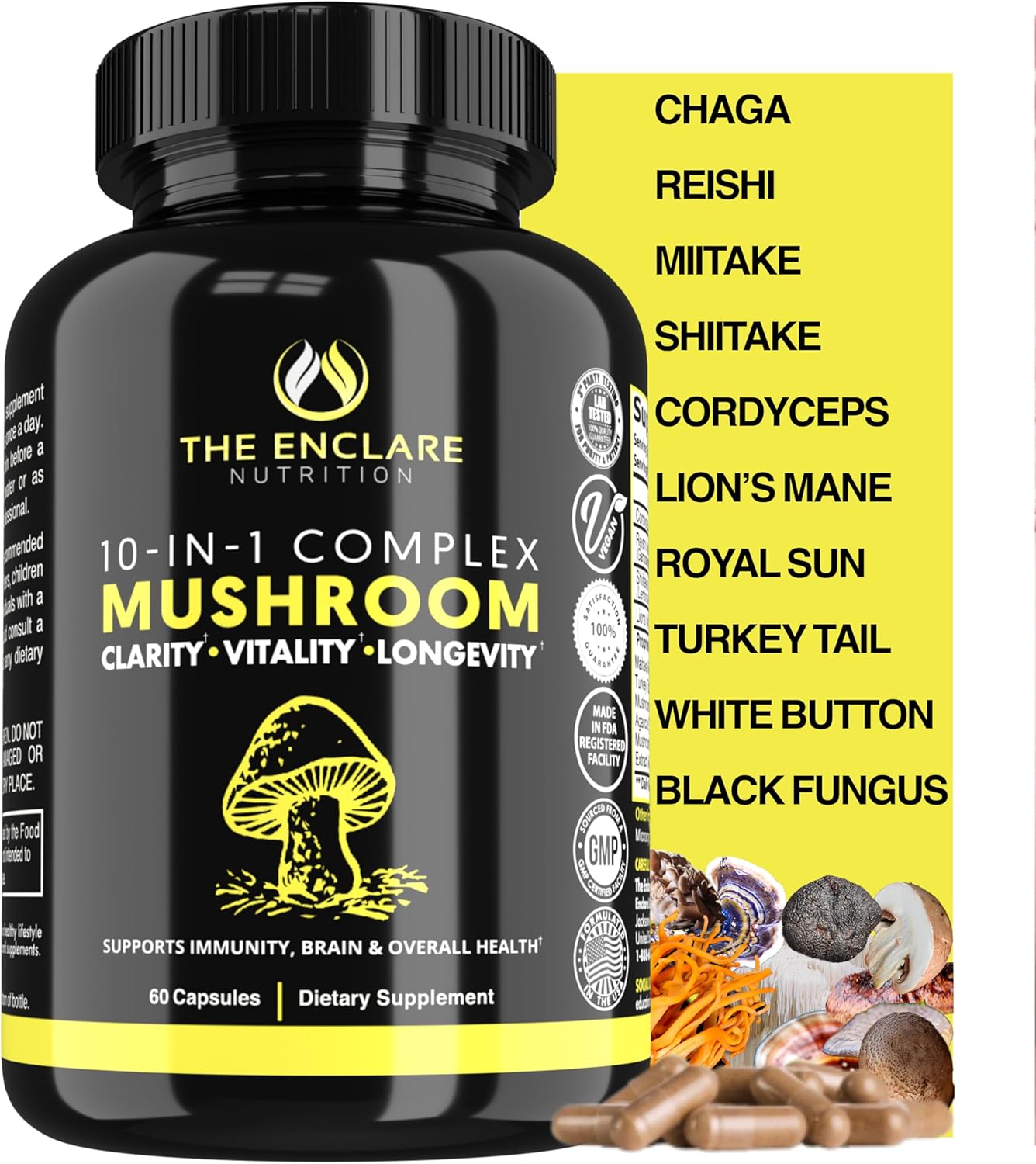 THE ENCLARE NUTRITION Mushroom Supplement 10in1 Complex Immune Support Lions Mane, Reishi, Turkey Tail, Cordyceps, Chaga, Maitake, Shiitake, Agaricus: Nootropic Brain, Energy Booster (1)