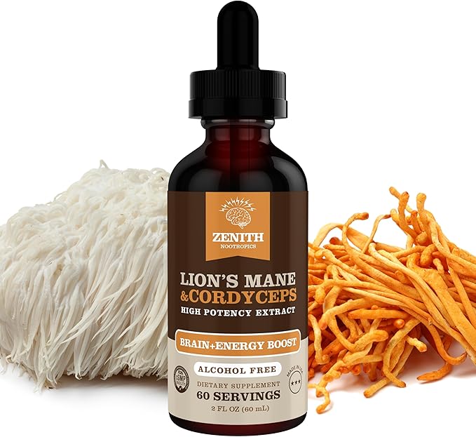 Lion’s Mane & Cordyceps Supplement – Brain & Energy Support – Focus, Memory, Clarity, Immunity – Vegan, Alcohol-Free Tincture – Up-to 2-Month Supply, 2 fl oz