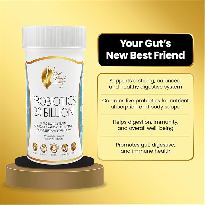 Cocó March N.M.D. Probiotics 20 Billion CFU – Probiotics for Women & Men - Gut Health, Digestive & Immune Support – 9 Probiotic Strains, Acid-Resistant Formula - Gluten Free & Dairy Free, 60 Capsules