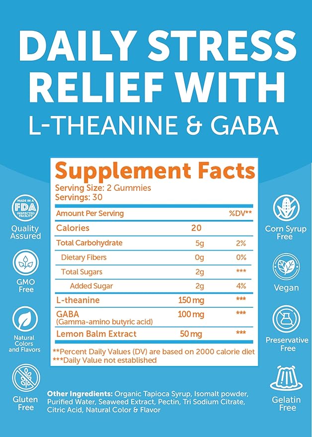 Lunakai USA Made Calm & Stress Relief Gummies – Delicious GABA + L-Theanine Calming Supplement for Adults & Kids – Natural Stress Support - 6 Pack