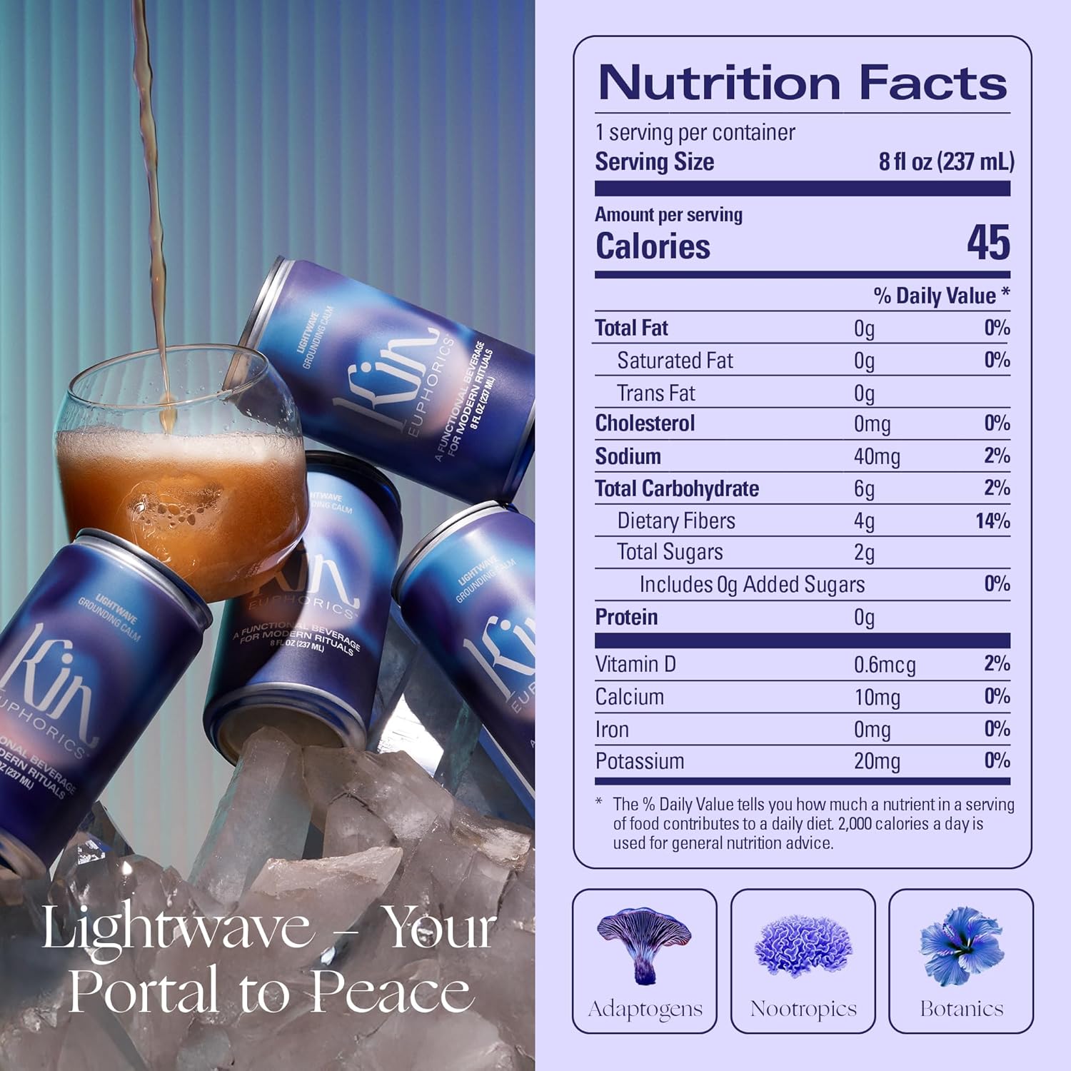 Kin Euphorics Lightwave Non-Alcoholic Functional Beverage | Calm the Mind & Mellow the Mood | Adaptogens, Nootropics, Reishi Mushroom & L-Theanine | 8 Fl Oz (24pk)