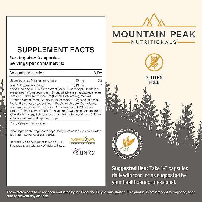 Mountain Peak Nutritionals Liver C - Liver Support & Detox Supplement - w/Milk Thistle (Siliphos®), Turmeric, and Mushroom Blend - Promotes Healthy Liver Function & Energy (90 Vegetarian Capsules)