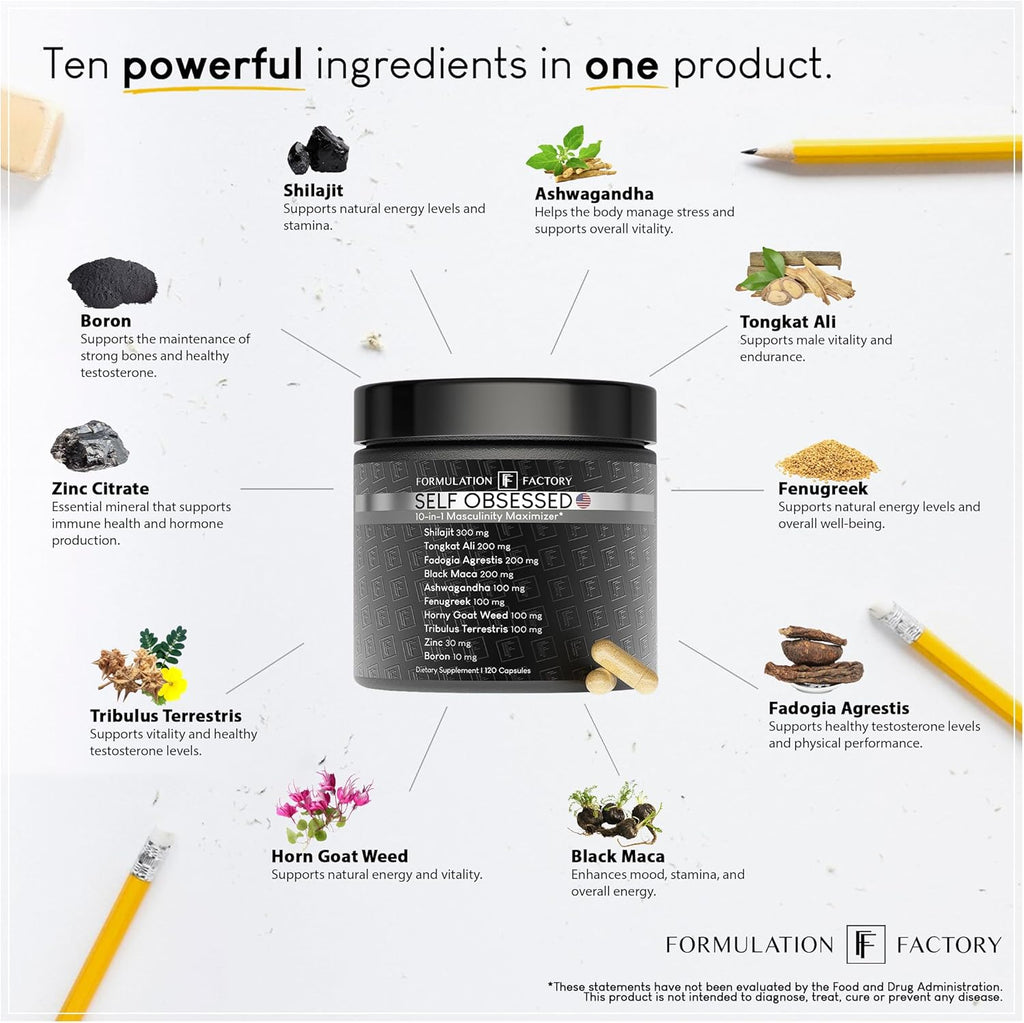 Self Obsessed 10 in 1 Masculinity Maximizer Supplement, Shilajit for Men, Tongkat Ali, Ashwaganda, Fenugreek Muscle Growth, Energy, Drive, Strength, Recovery 2 Month (Pack of 1)
