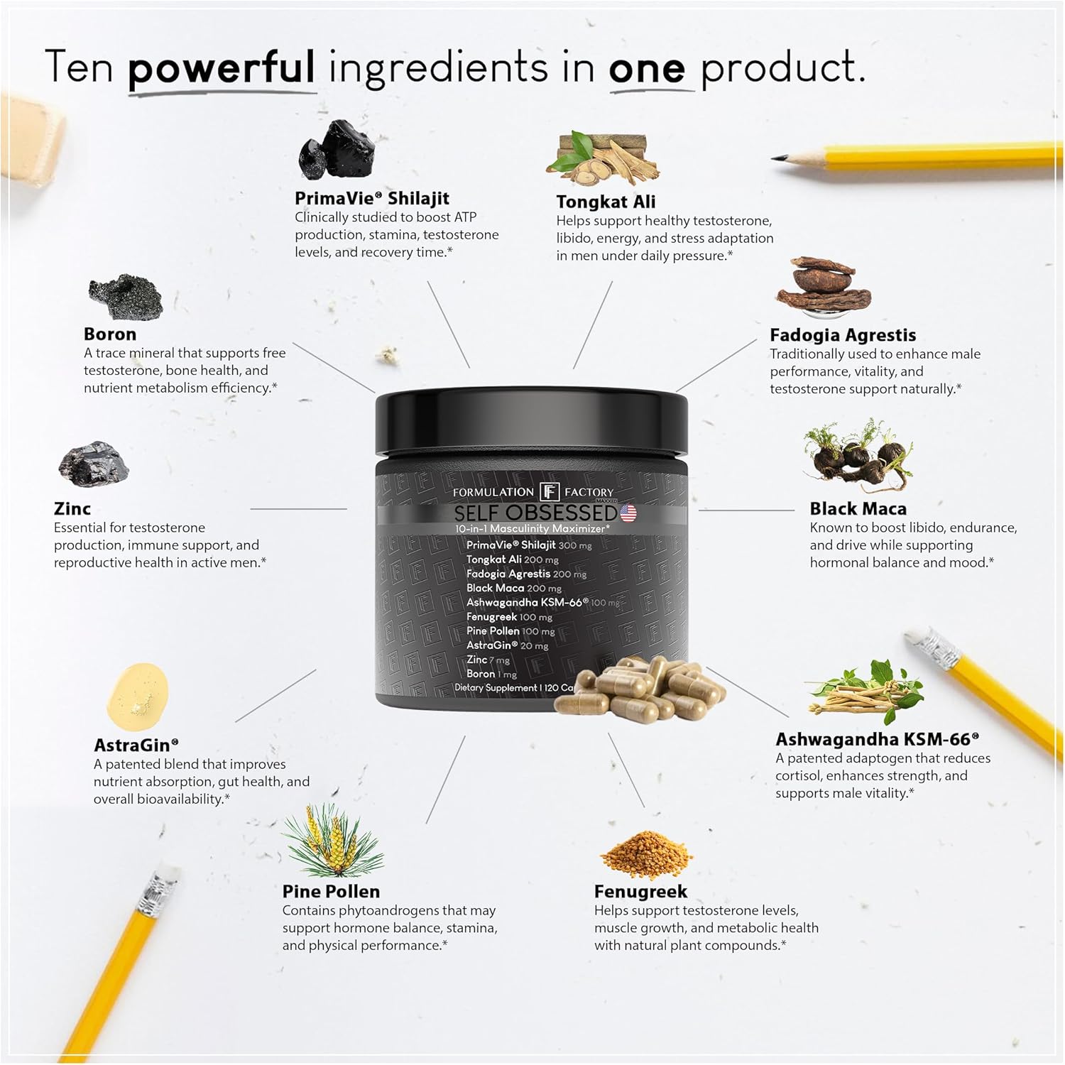 Formulation Factory Self Obsessed MAXXED 10-in-1 Men’s Vitality Supplement with Shilajit, Tongkat Ali, Ashwagandha, Maca, Fadogia, Fenugreek, Zinc, Boron & AstraGin® – 4 Month (Pack of 2)