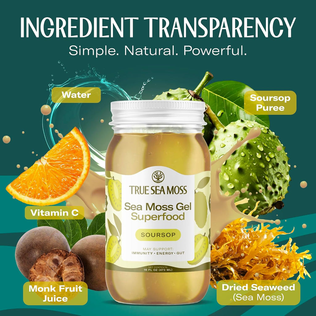TrueSeaMoss Sea Moss Gel – Made in USA – Wildcrafted Seamoss, Fruits & Jarred Vegetables – Soursop, Pack of 2 (Labels may Vary)