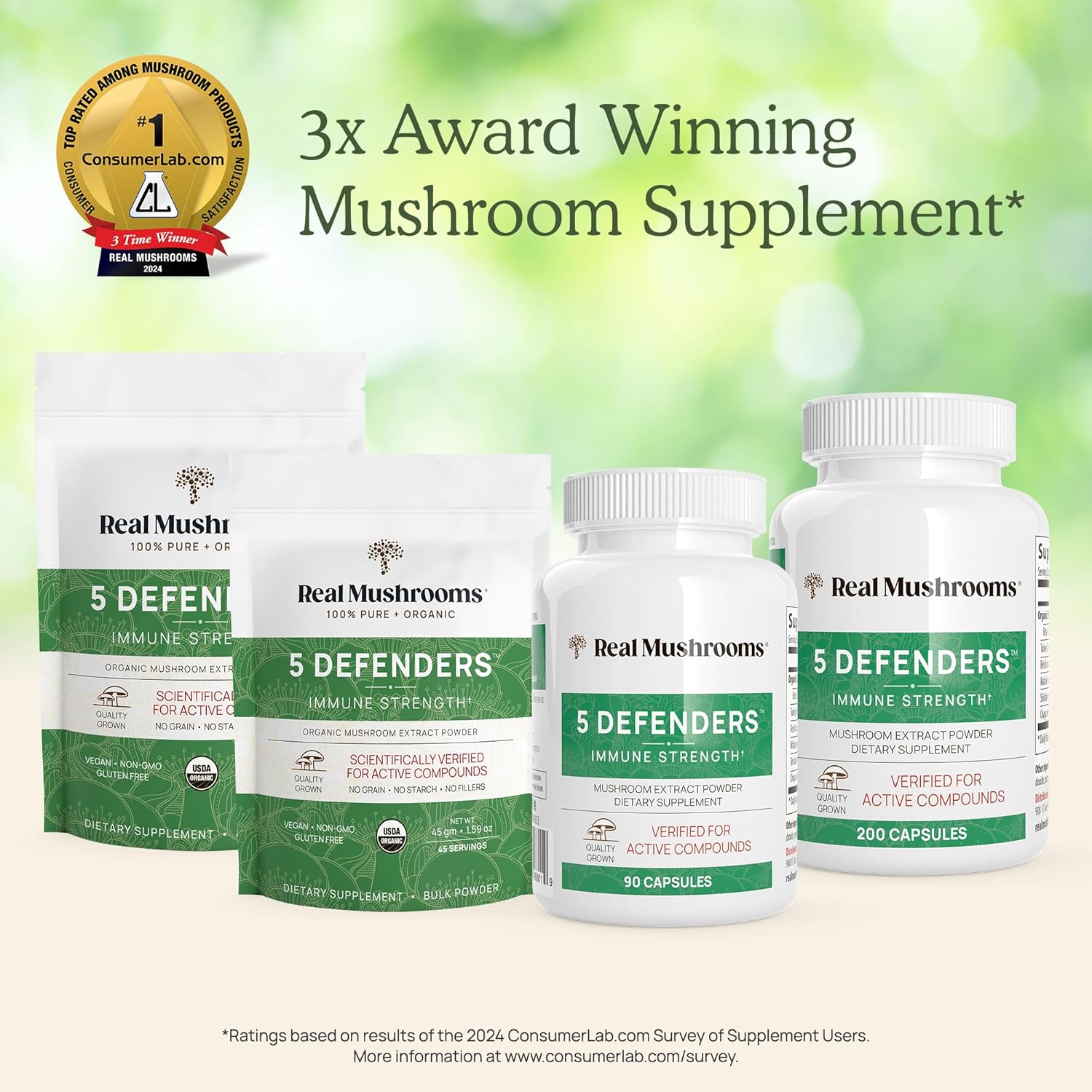 Real Mushrooms 5 Defenders Mushroom Complex – Organic Adaptogenic Mushroom Blend with Chaga, Reishi, Turkey Tail, Maitake & Shiitake for Wellness Support - Mushroom Beta Glucan Capsules - 200 Count
