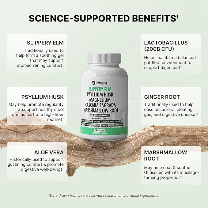 16 in 1 Slippery Elm Bark for Women & Men - Digestive Health & Leaky Gut Wellness Supplement - Probiotic, Psyllium Husk, Cascara, Magnesium & Marshmallow Root Complex - DGL Licorice Extract Capsules