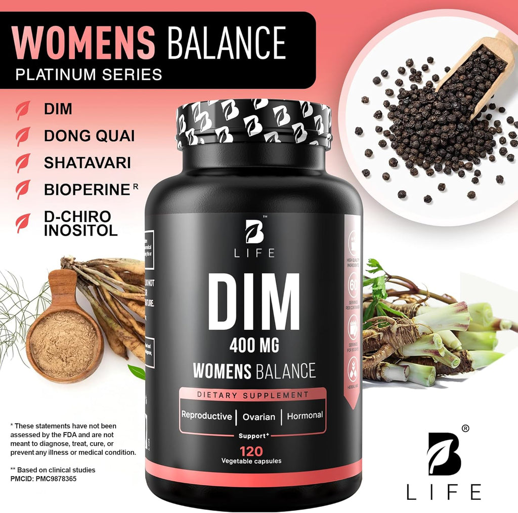 DIM Supplement 400 mg with Myo & D-Chiro Inositol, Dong Quai – Hormone Balance for Women – PCOS Supplements & Fertility Supplements – Inositol Supplement for Women - 120 Caps - 60 Day Supply