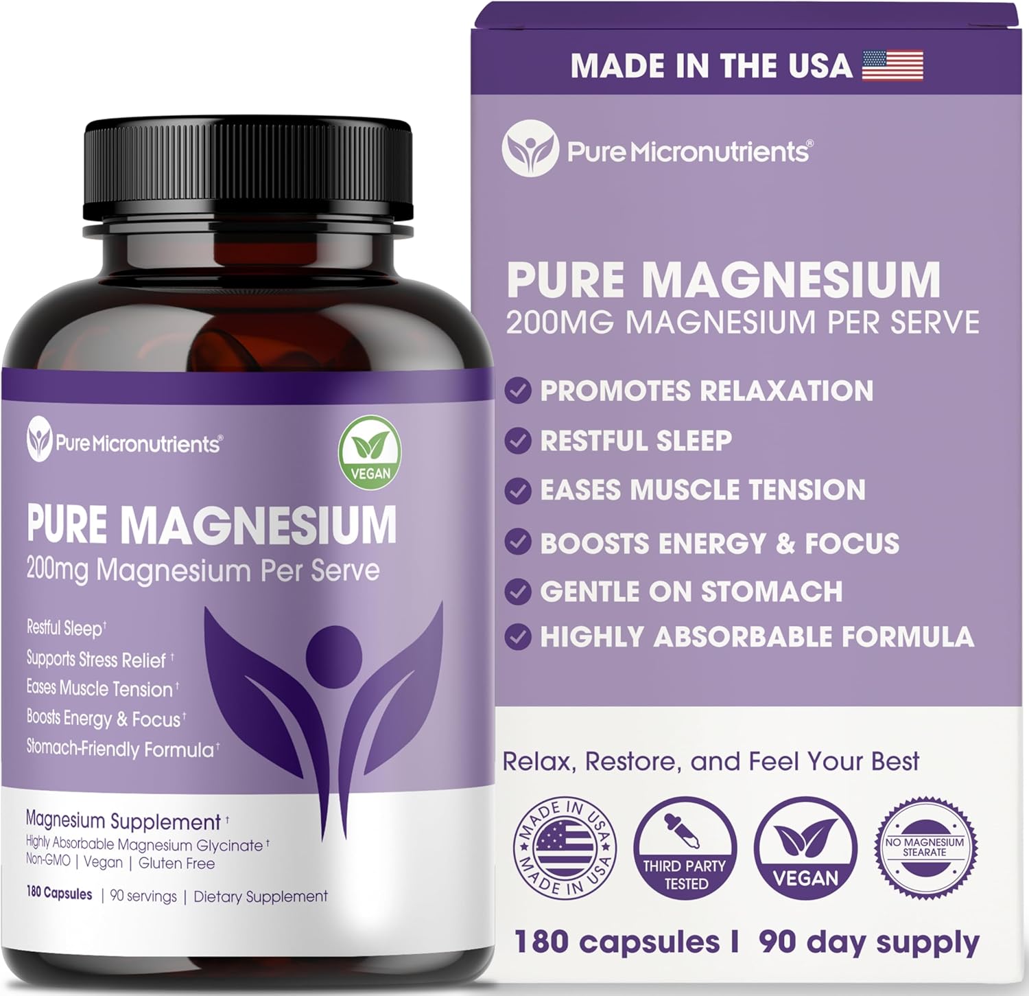 Pure Magnesium Glycinate Supplement – Highly Absorbable Chelated Magnesium for Sleep, Muscle & Nerve Health, Energy, Relaxation & Bone Health – 200mg Per Serving, 180 Capsules