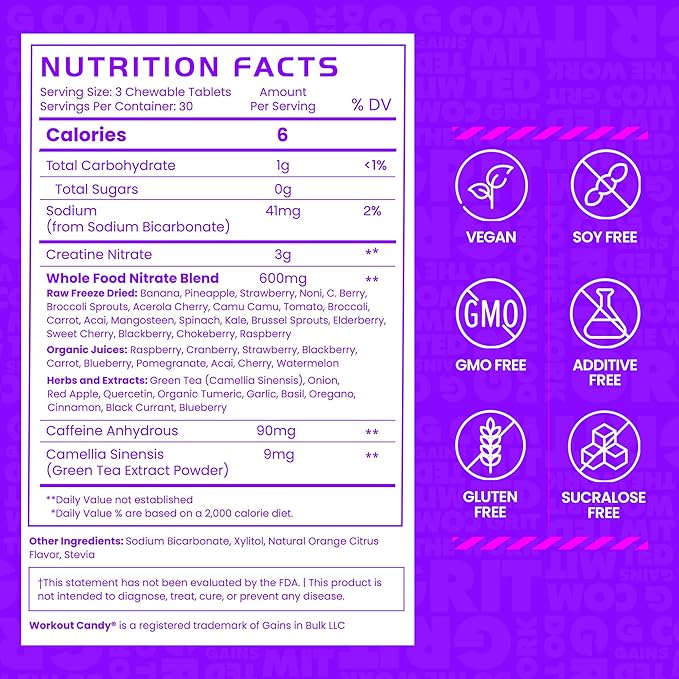 Gains in Bulk Workout Candy, Pre Workout Chews with Creatine and Caffeine for Energy, Focus, Muscle and Pump, Nitric Oxide Support, Supplements for Men and Women, Sour Fruit, 90 Vegetarian Chews