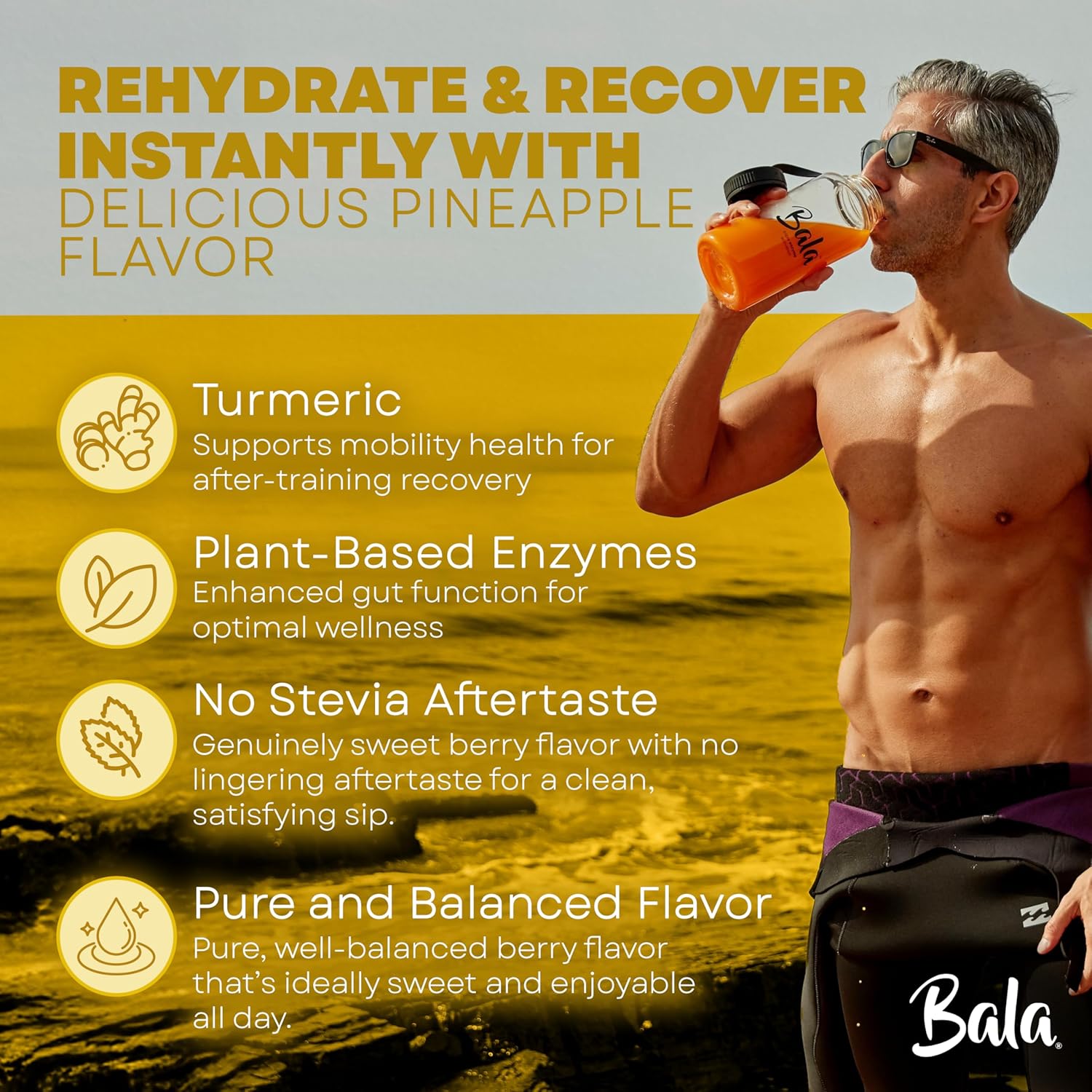 Bala Enzyme Hydration & Sugar-Free Drink Mix - Turmeric, Bromelain, Papain - Immunity, Mobility - Pineapple 0.25oz (30 Count)