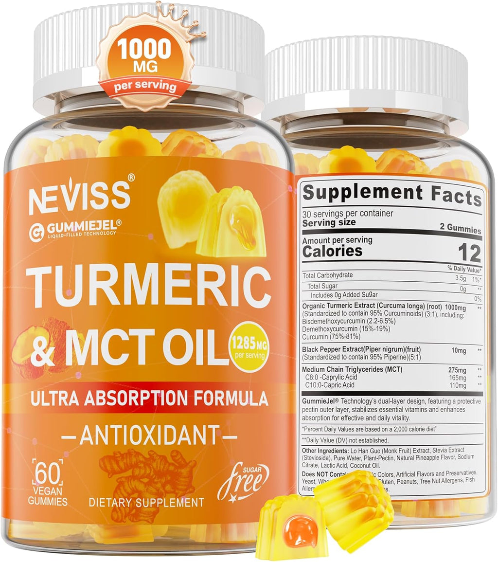 Turmeric Gummies 1000mg w/MCT Oil C8 C10, Organic Antioxidant, Turmeric Curcumin Supplement with Black Pepper Extract, Support Comfort, Boost Energy, Ultra Absorption, Sugar Free, 60 Cts