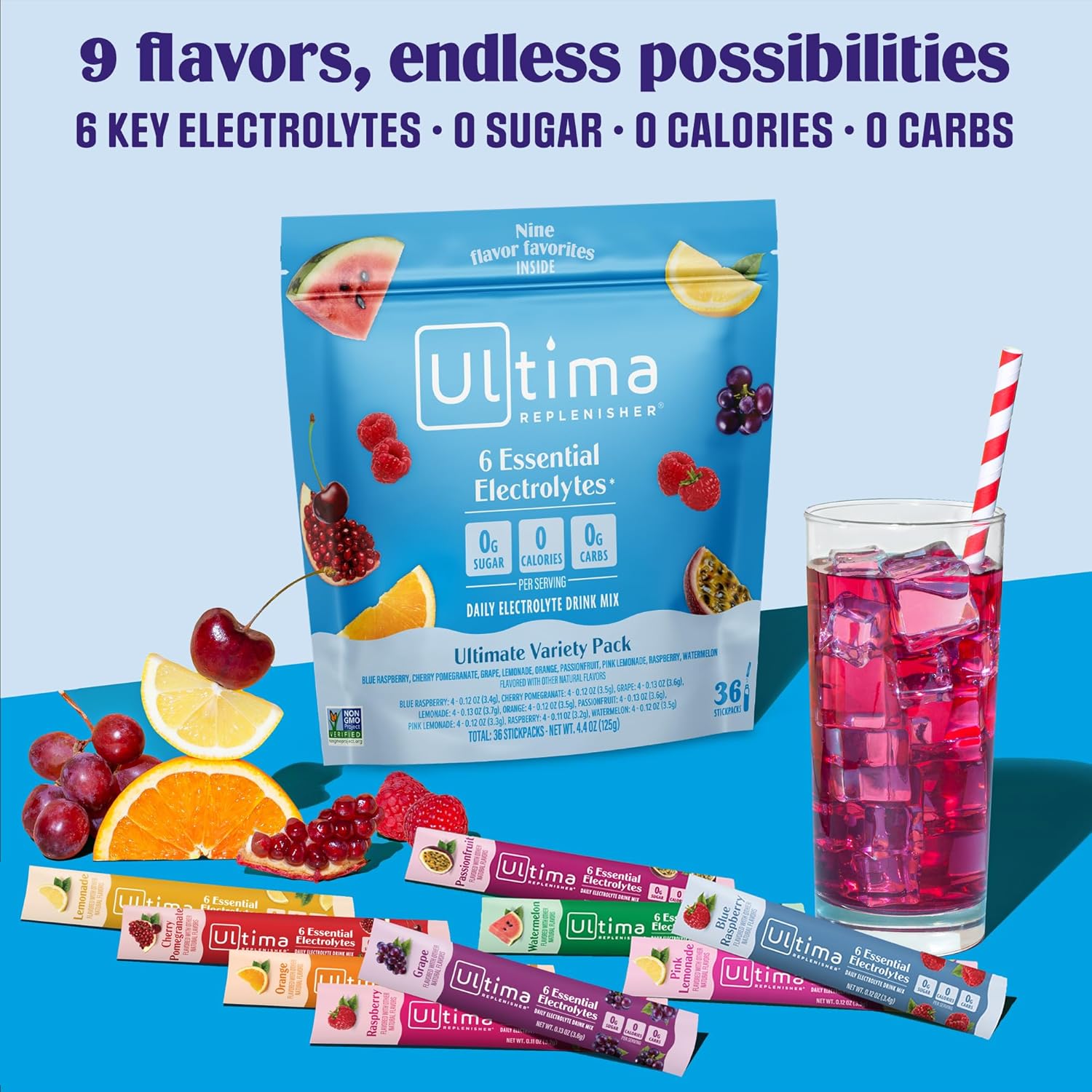 Ultima Replenisher Daily Electrolyte Powder Drink Mix - Sugar Free - Ultimate Variety, 36 Stickpacks - Hydration Packets with 6 Electrolytes and Minerals - Keto Friendly, Vegan, Non-GMO