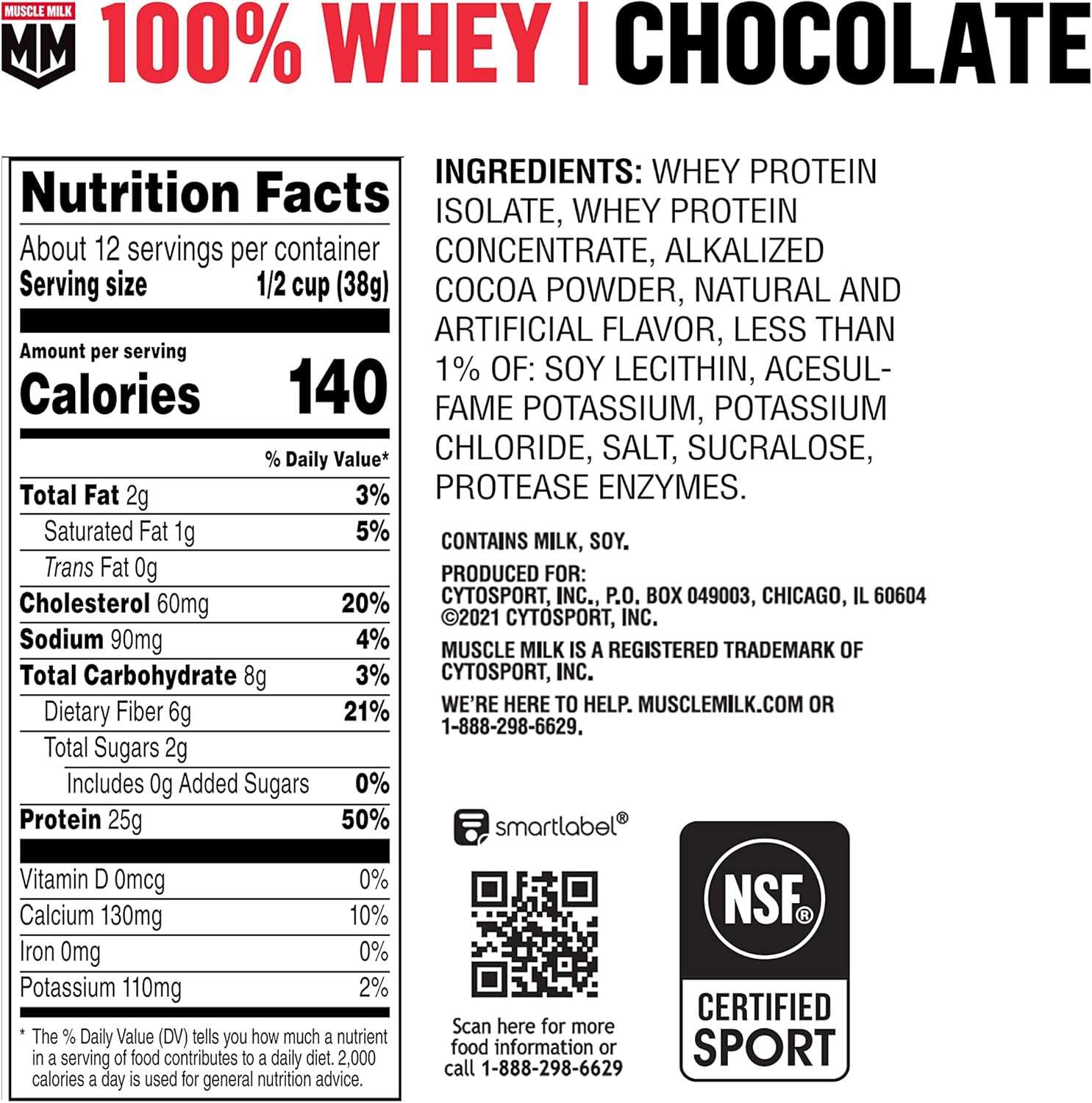 Muscle Milk 100% Whey Protein Powder, Chocolate, 5 Pound, 66 Servings, 25g Protein, 2g Sugar, Low in Fat, NSF Certified for Sport, Energizing Snack, Workout Recovery, Packaging May Vary
