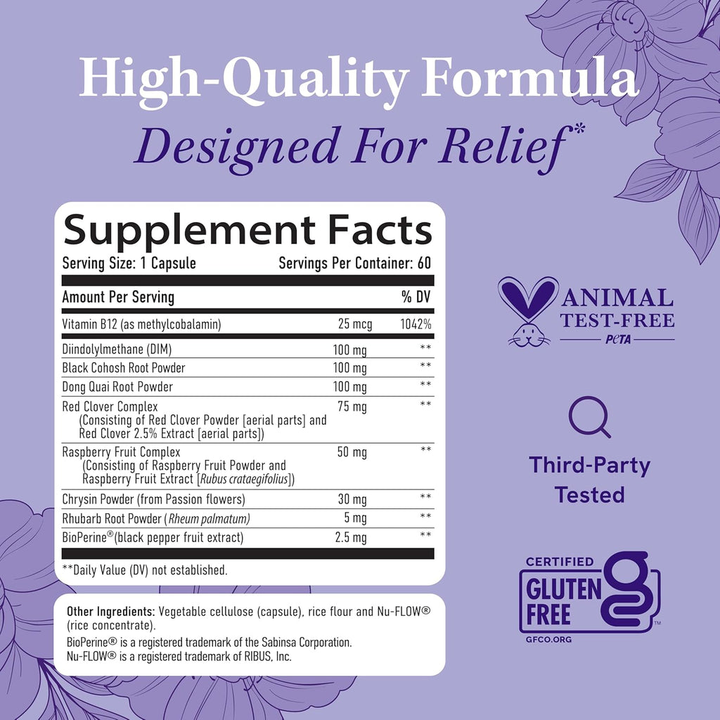 Menopause Supplements for Women Hot Flashes & Night Sweats | Hormone Balance, Menopause Relief for Women & Perimenopause Support | with Black Cohosh, DIM & Red Clover | 60 Ct (2 Month Supply)