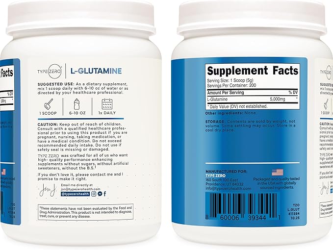 Type Zero L Glutamine Powder, 200 Servings of 5000mg - 6 Month Supply, for Gut Health, Gastrointestinal Lining Support & Recovery for Women/Men - Vegan, Gluten Free, No Fillers, Unflavored
