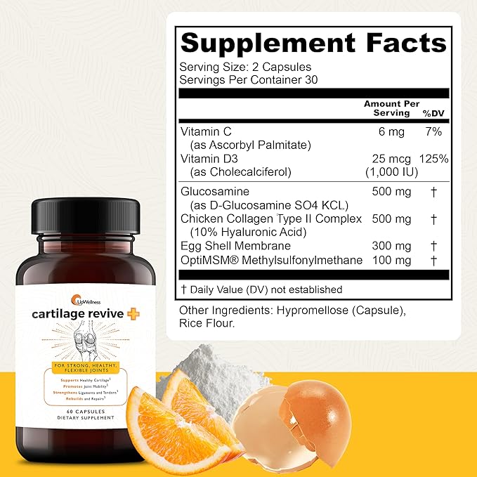 UpWellness Cartilage Revive + Joint Support Supplement for Men and Women - Powered by D-Glucosamine Sulfate, MSM, Vitamin D3, C and More - 5 Bottles