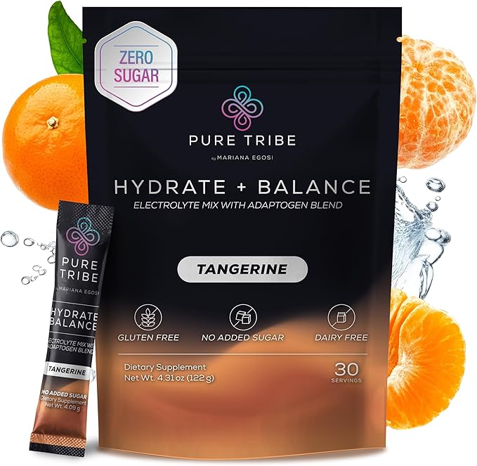 Hydrate + Balance Electrolytes Powder Packets – Vegan & Sugar-Free Hydration Packets with 6 B Vitamins & Adaptogens – Tangerine Drink Mix for Instant Hydration & Energy – 30 Stick Servings