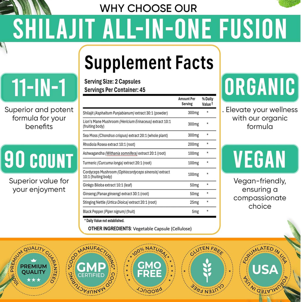 Adndale Shilajit Ultra Force 11-in-1. Pure Himalayan Organic Shilajit for Men and Women Capsules with Sea Moss Ashwagandha Rhodiola Rosea Lion’s Mane. 90 Count