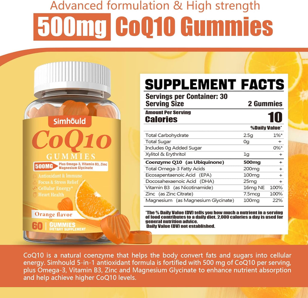 1 Pack CoQ10 500MG Gummies - Plus Omega-3, Magnesium, Vitamin B3 & Zinc - 3X Better Absorption Coenzyme Q10 Supplements for Heart Health, Cellular Energy & Antioxidant, Non-GMO 60 Counts