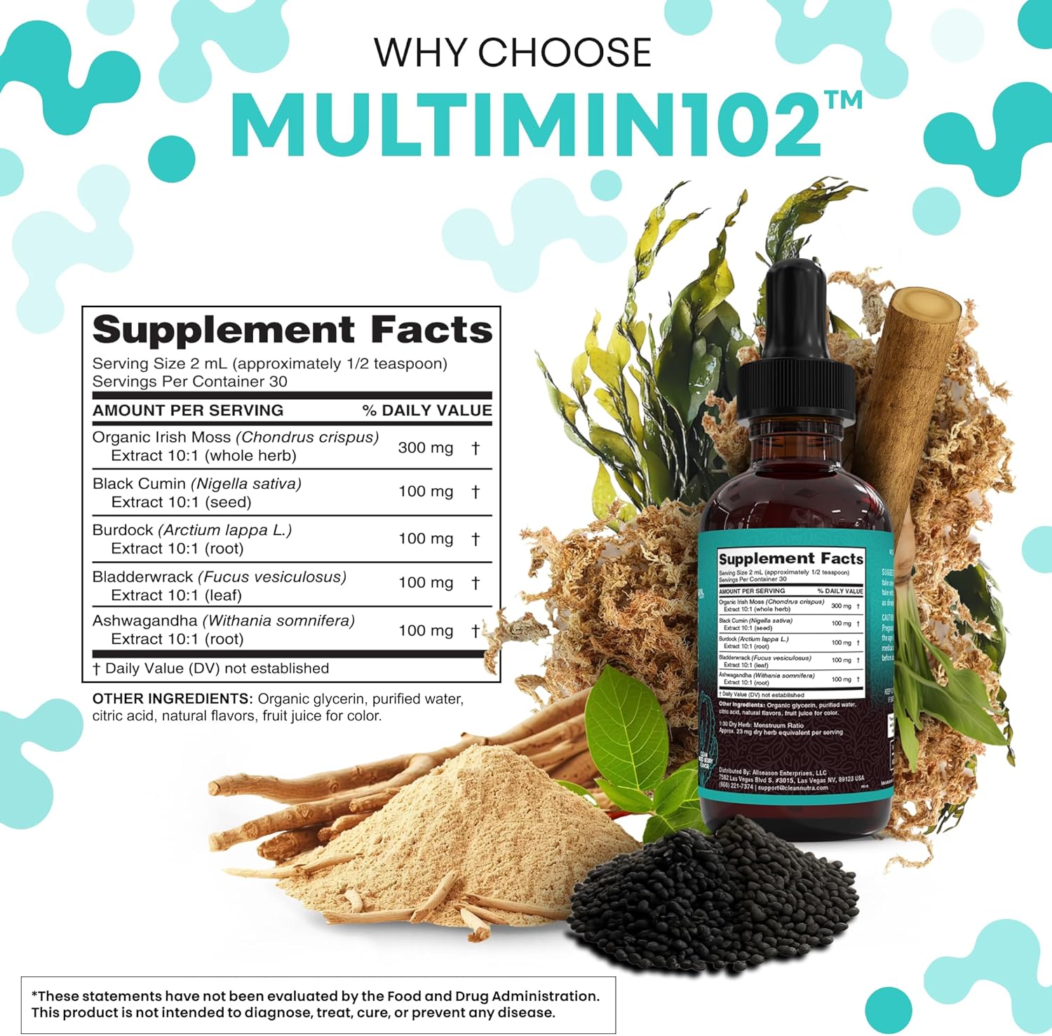 Clean Nutra Organic Sea Moss Drops Supplement | Black Seed Oil Irish Seamoss Ashwagandha Burdock Root & Bladderwrack - Multimineral Liquid Vegan for Gut Heath Energy Skin Immune Support & Hair