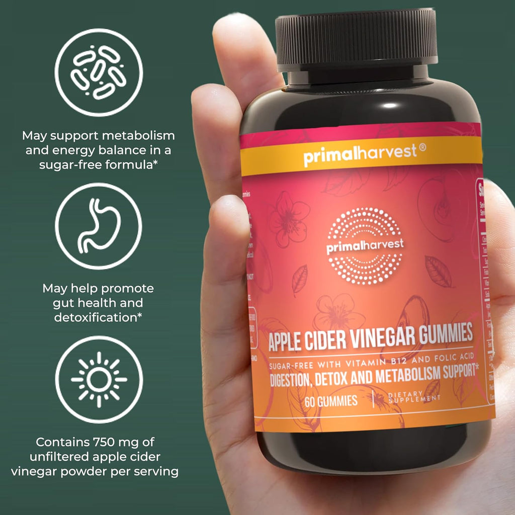 Primal Harvest 2 Pack, ACV Gummies, Sugar Free Apple Cider Gummies Beetroot and Pomegranate to Support Immunity, Digestion and Detox 750 MG (120 Count)