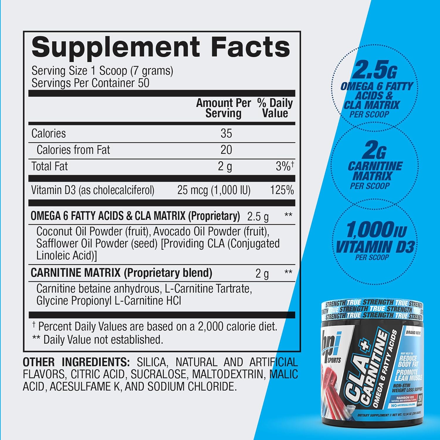 BPI Sports CLA+Carnitine – CLA L Carnitine & Linoleic Acid – L Carnitine Supplement for Weight Loss, Metabolism & Lean Muscle – Caffeine Free – Rainbow Ice – 50 Servings – 12.34 oz