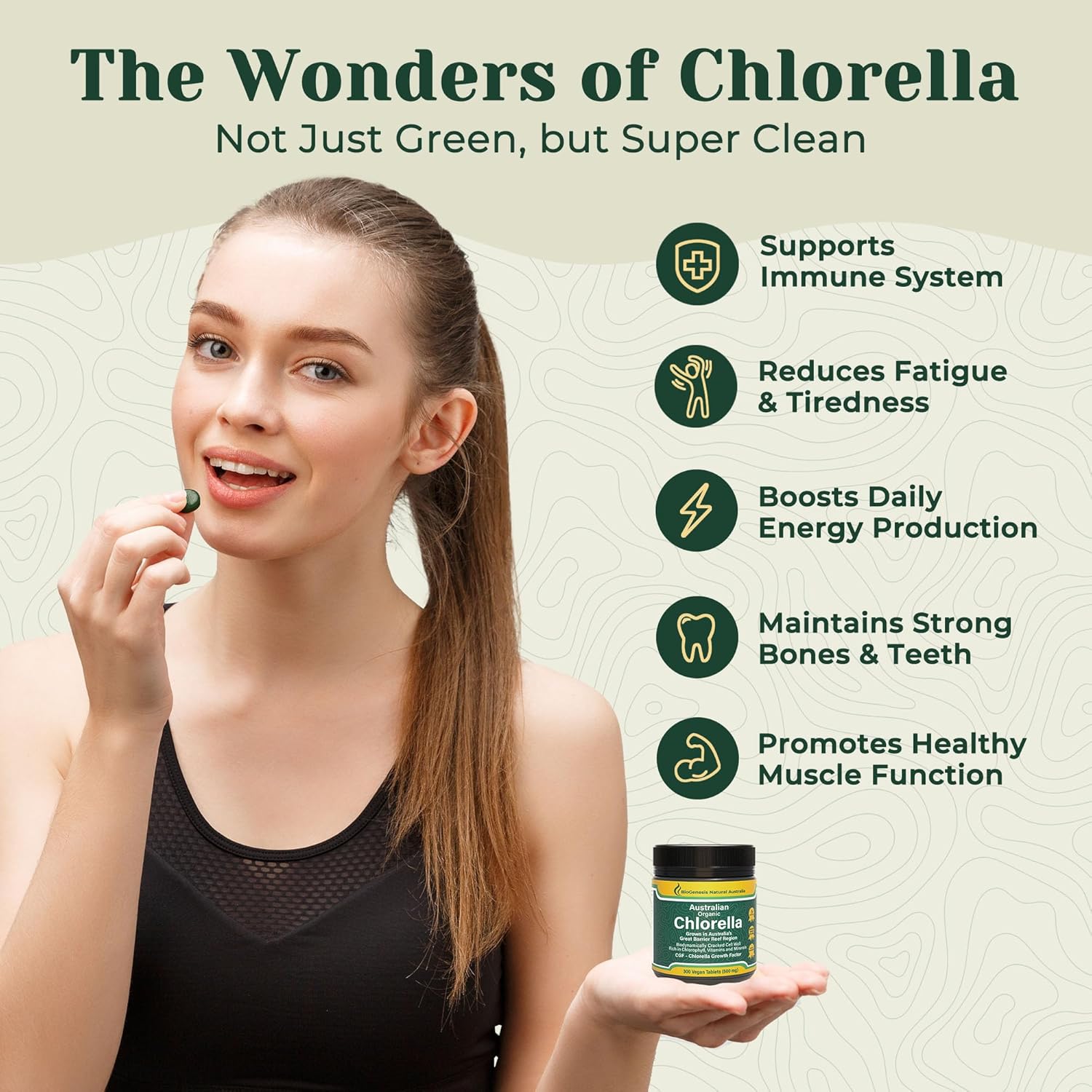 Biogenesis Organic Chlorella Tablets – 300 Count (500mg) | Australian Grown | BioDynamic Cracked Cell Wall | Rich in Chlorophyll, Vitamins & Minerals | Supports Energy& Immunity | Vegan Tablet