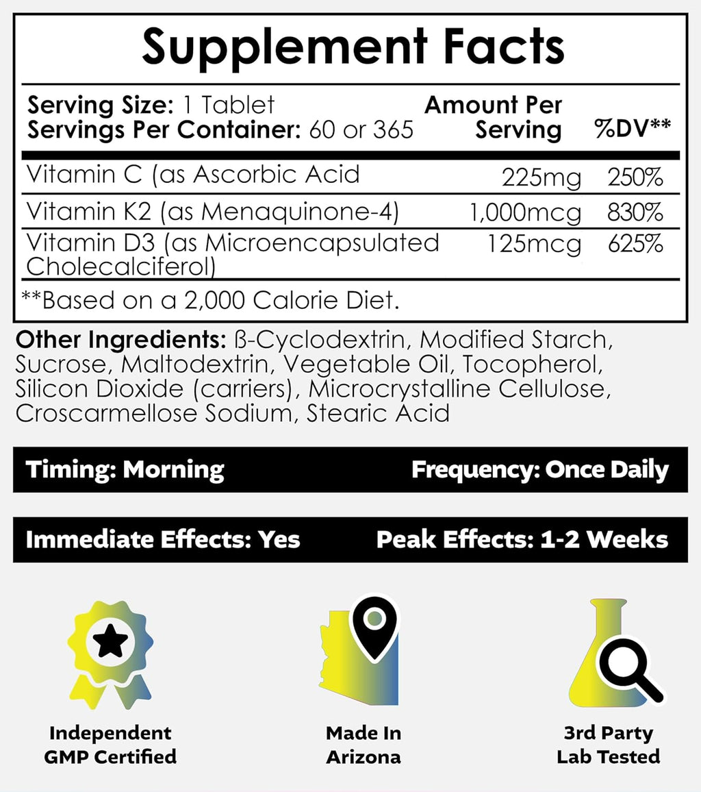 Nootropics Depot Vitamin D3 + K2 with Vitamin C Tablets | 365 Count | Cholecalciferol + Menaquinone-4 (MK-4) | Mood, & Bone Health | Healthy Calcium Absorption