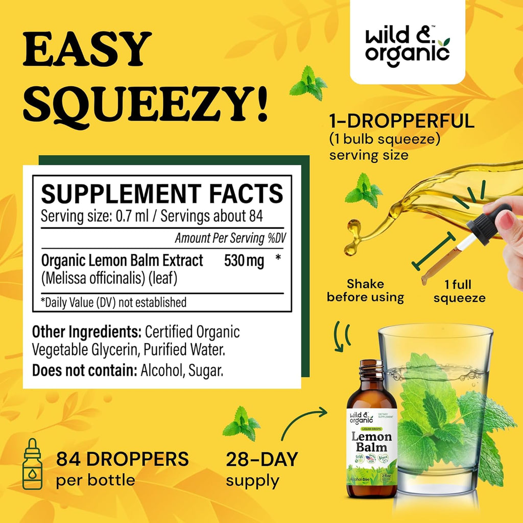 Wild & Organic Lemon Balm Drops - Relaxing Lemon Balm Leaf Extract Supplement - Calming Melissa Officinalis Tincture - Vegan, Sugar & Alcohol-Free - 2 fl oz