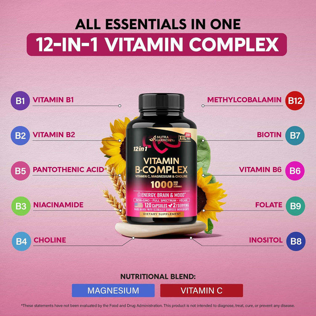 Vitamin B Complex for Men & Women - Made in USA - B-Complex: B1, B2, B3, B5, B6, B7, B8, B9, B12 with Vitamin C, Choline, Inositol - Energy, Brain & Heart Support Supplement, 120 Vegan Capsules