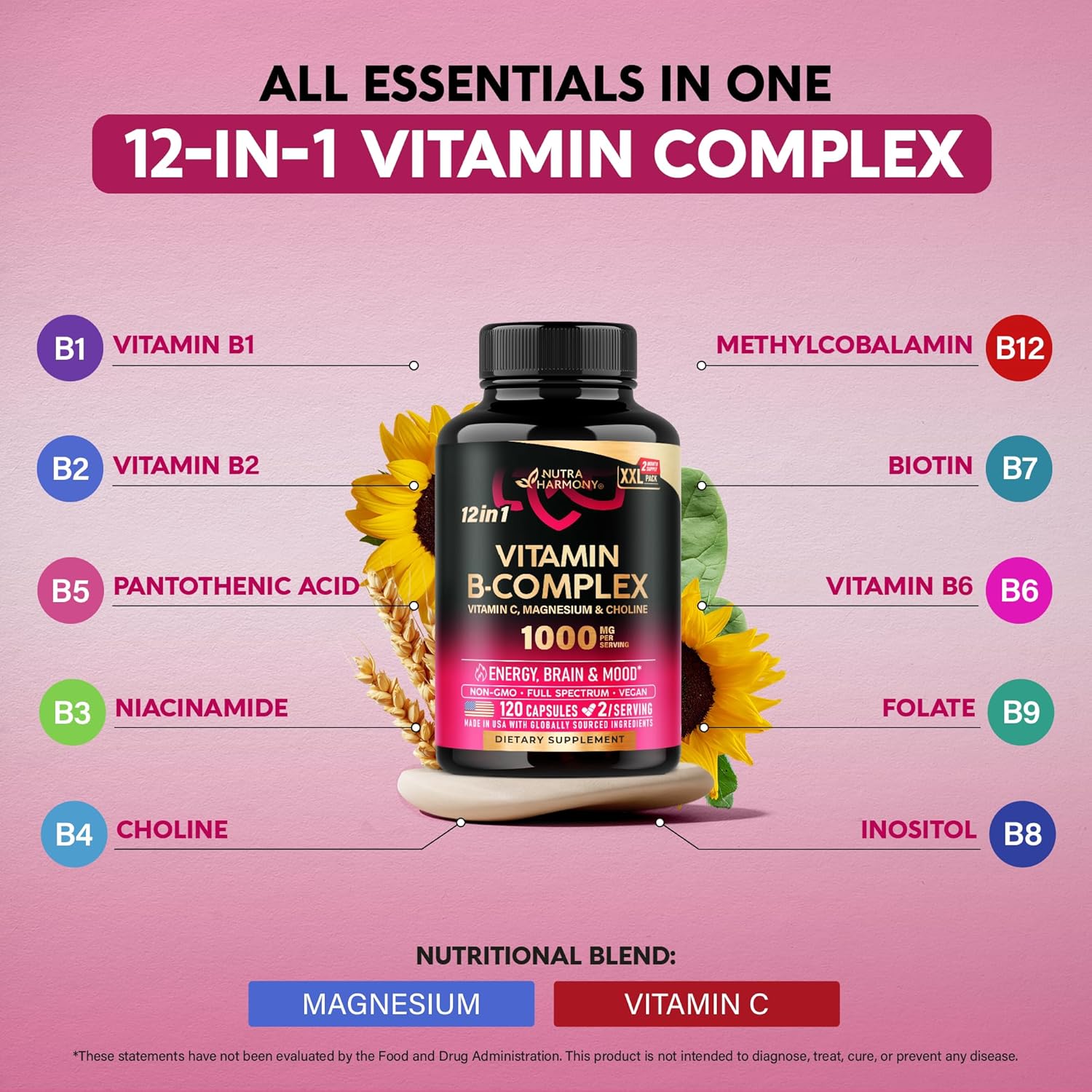 Vitamin B Complex for Men & Women - Made in USA - B-Complex: B1, B2, B3, B5, B6, B7, B8, B9, B12 with Vitamin C, Choline, Inositol - Energy, Brain & Heart Support Supplement, 120 Vegan Capsules