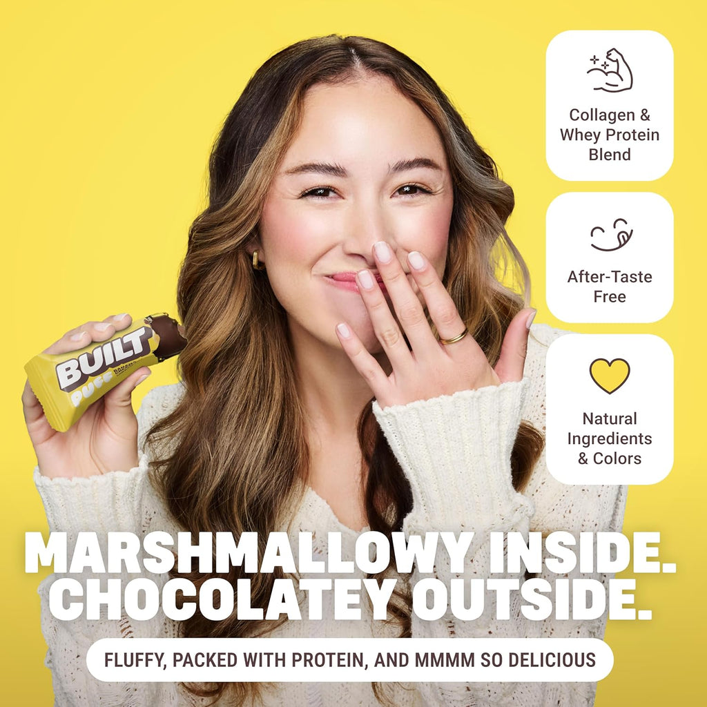 Built Bar, Puff Protein Bars, Banana Cream Pie Puff, 17g Protein Snacks, On-The-Go Bars, Only 140 Calories, 6g Sugar, Collagen, Gluten Free, 12 Count