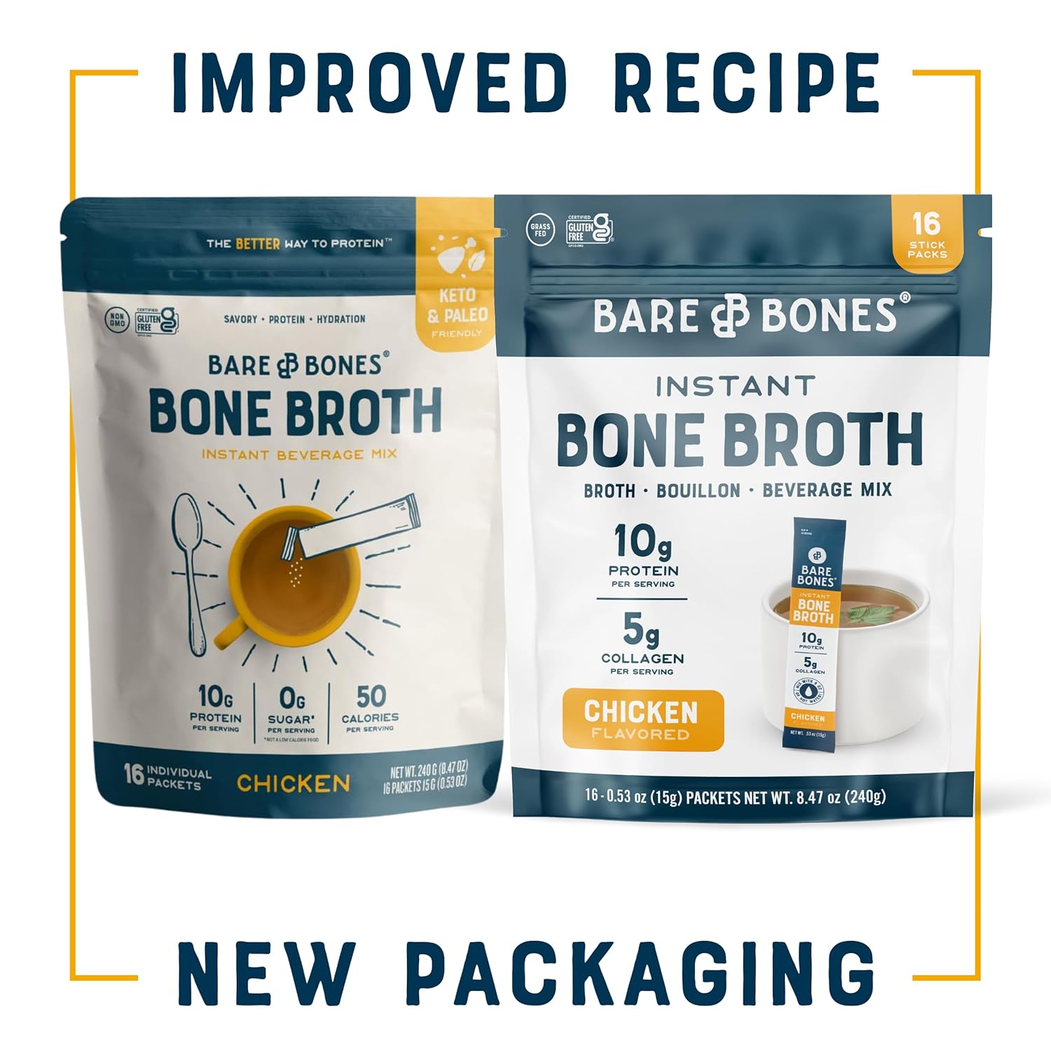 Bare Bones Chicken Bone Broth Instant Powdered Mix | Rich Savory Packets on-the-Go No Artificial Flavors | Keto & Paleo Friendly | 10g Protein | 32 Pack