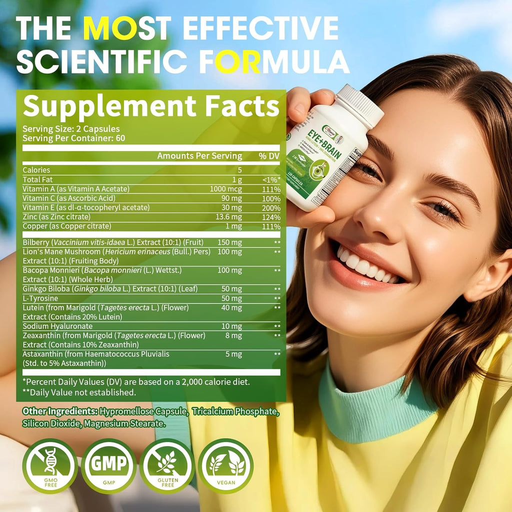 Lutein Eye Vitamins 14 in 1 Supplement Eye Vitamins for Ocular Health, Dry Eye Support, Memory & Focus Supplement, Contains Lutein, Zeaxanthin, Zinc, Vitamins A/C/E, 120 Capsules