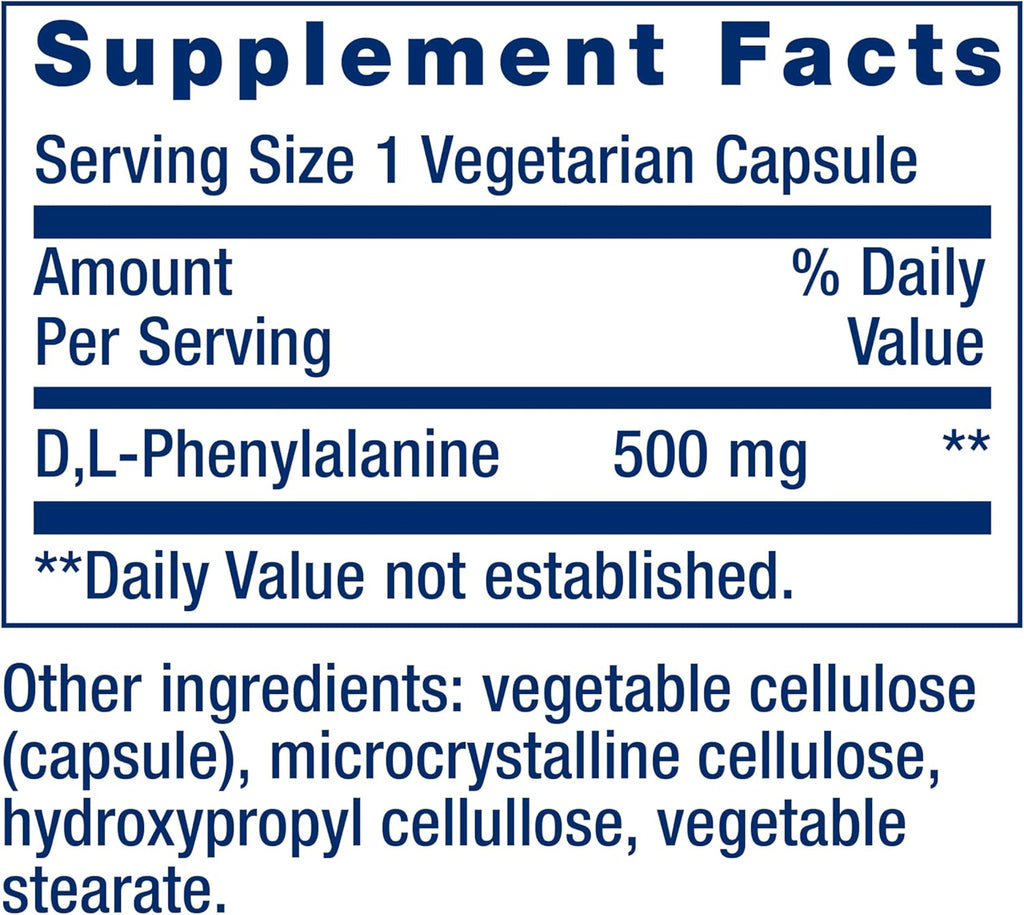 Life Extension D, L-Phenylalanine Capsules, 500 mg – Supports Mood Health, Promotes Neurotransmitter Health – Gluten-Free, Non-GMO, Vegetarian – 100 Capsules