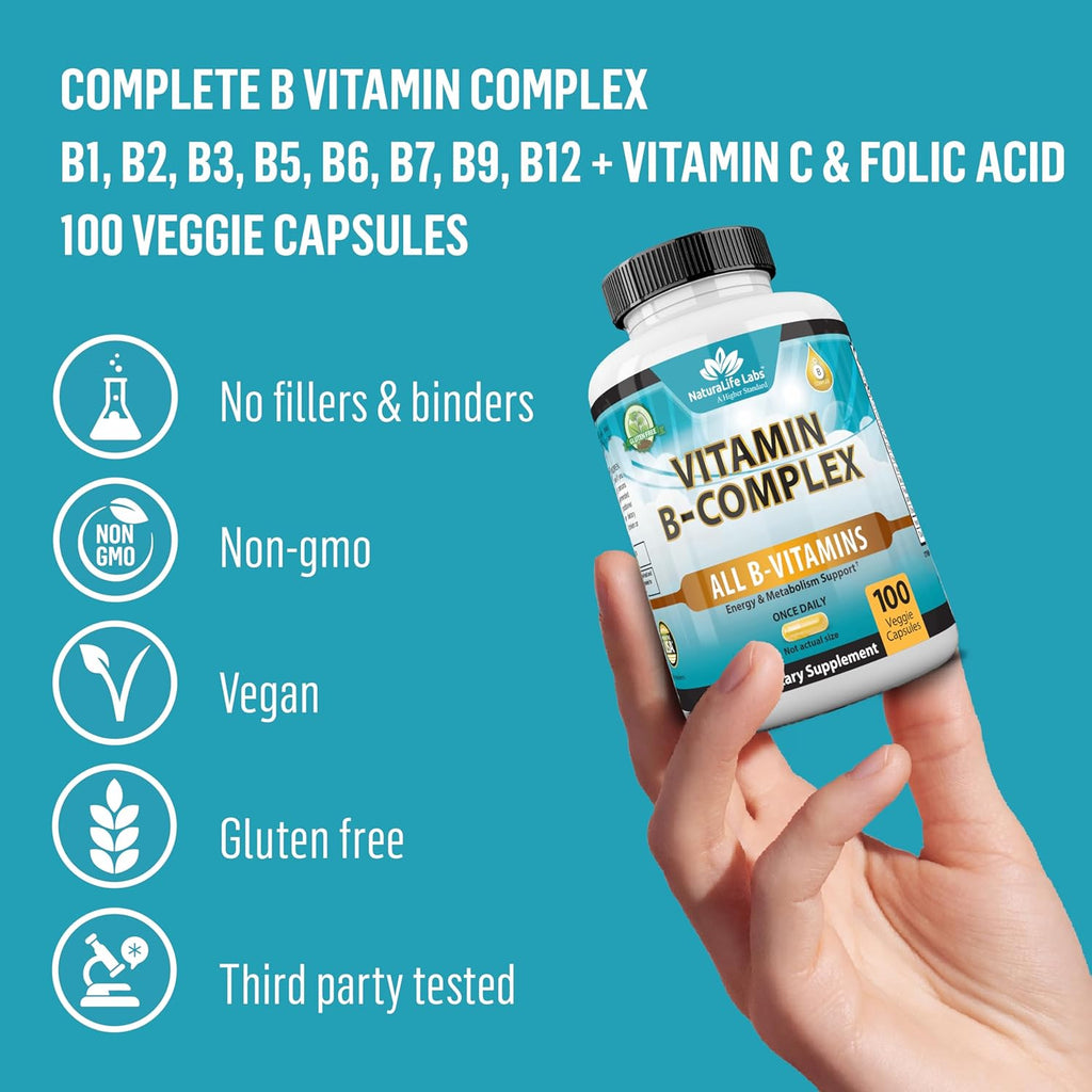 NaturaLife Labs Vitamin B Complex with Vitamin C and Folic Acid - B12, B1, B2, B3, Vitamin B5 Pantothenic Acid, B6, B7, B9 - Nervous System Support 100 Veggie Capsules