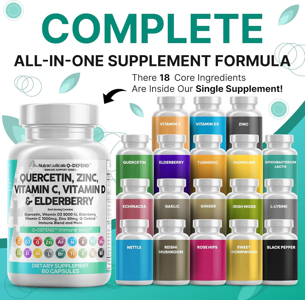 Clean Nutraceuticals Quercetin Zinc Vitamin C Vitamin D Bromelain Elderberry - Lung Immune Support Supplement Adults with Artemisinin, Sea Moss, Echinacea, Allergy Relief (60 Count (Pack of 3))