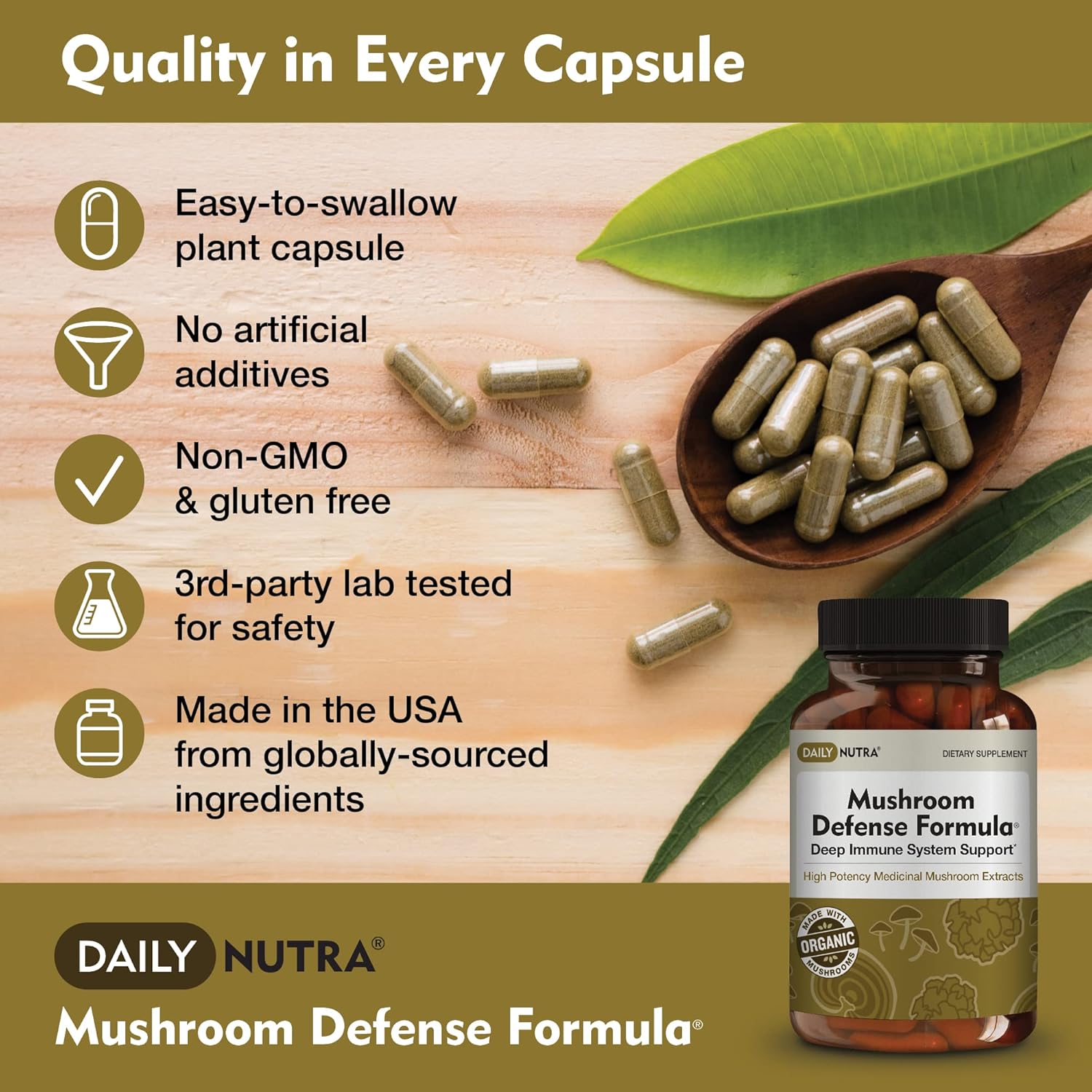 DailyNutra Mushroom Defense Formula - Immune Support Supplement | Organic Mushrooms, Hot Water Extracted - Reishi, Chaga, Maitake, Shiitake & Turkey Tail (60 Capsules)