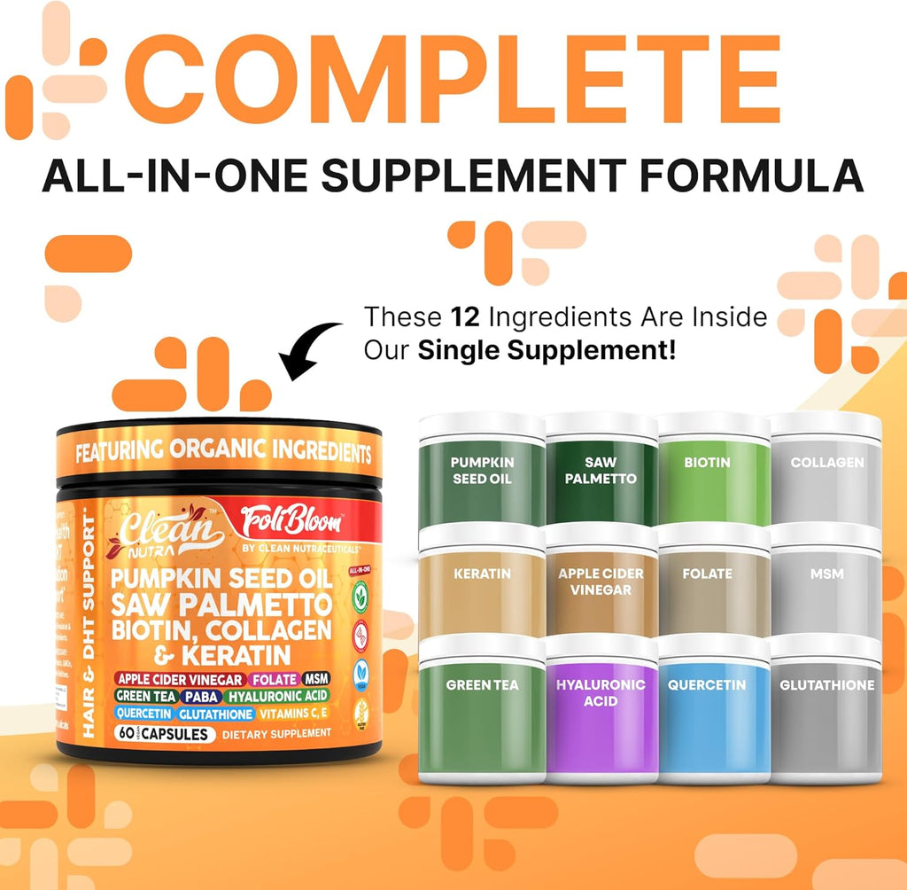 Clean Nutra Pumpkin Seed Oil Saw Palmetto Biotin Collagen Keratin MSM Folate Hyaluronic Acid Supplements B12 Zinc Hair Supplement for Women Men Iodine 5-MTHF B-12 Vitamin B9-60 Vegan Capsules Count