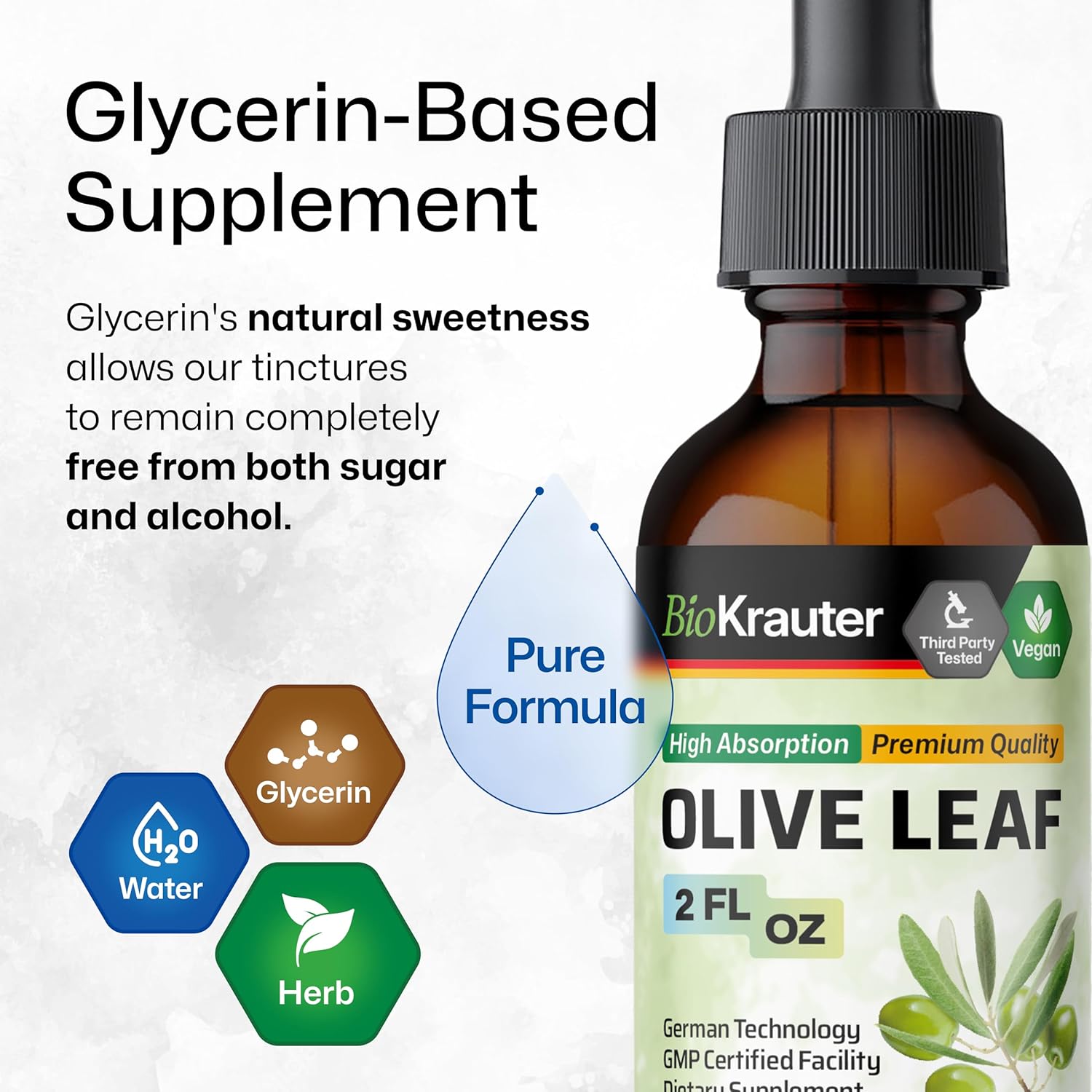 BIO KRAUTER Olive Leaf Extract Liquid - Olive Leaf Tincture for Immune Support - Alcohol and Sugar Free - Vegan Drops 2 Fl.Oz.